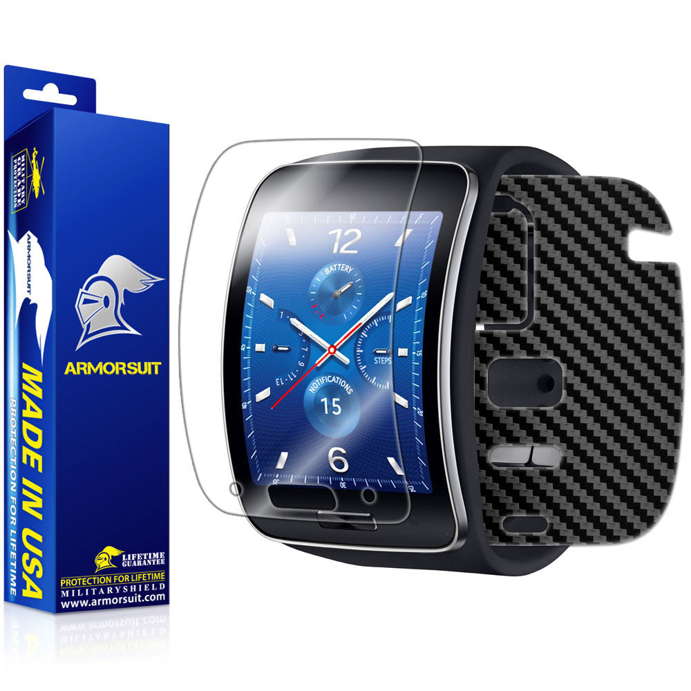 Samsung Gear S Screen Protector + Black Carbon Fiber Skin