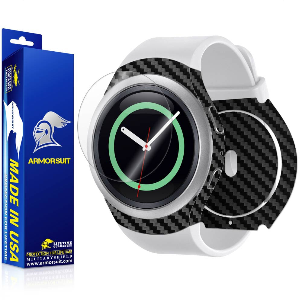 Samsung Gear S2 Screen Protector + Black Carbon Fiber Skin