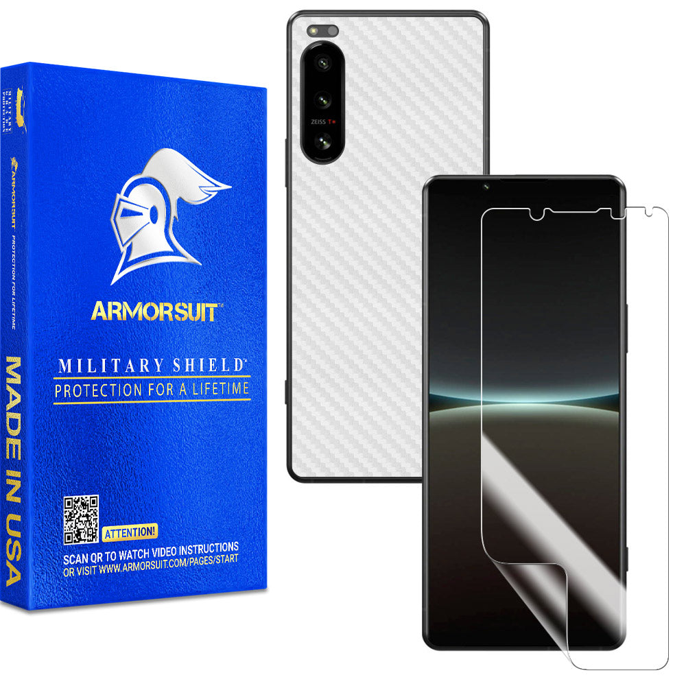 Armorsuit MilitaryShield White Carbon Fiber Skin Wrap Film + HD Clear Screen Protector Designed for Sony Xperia 5 IV (2021) - Anti-Bubble Film