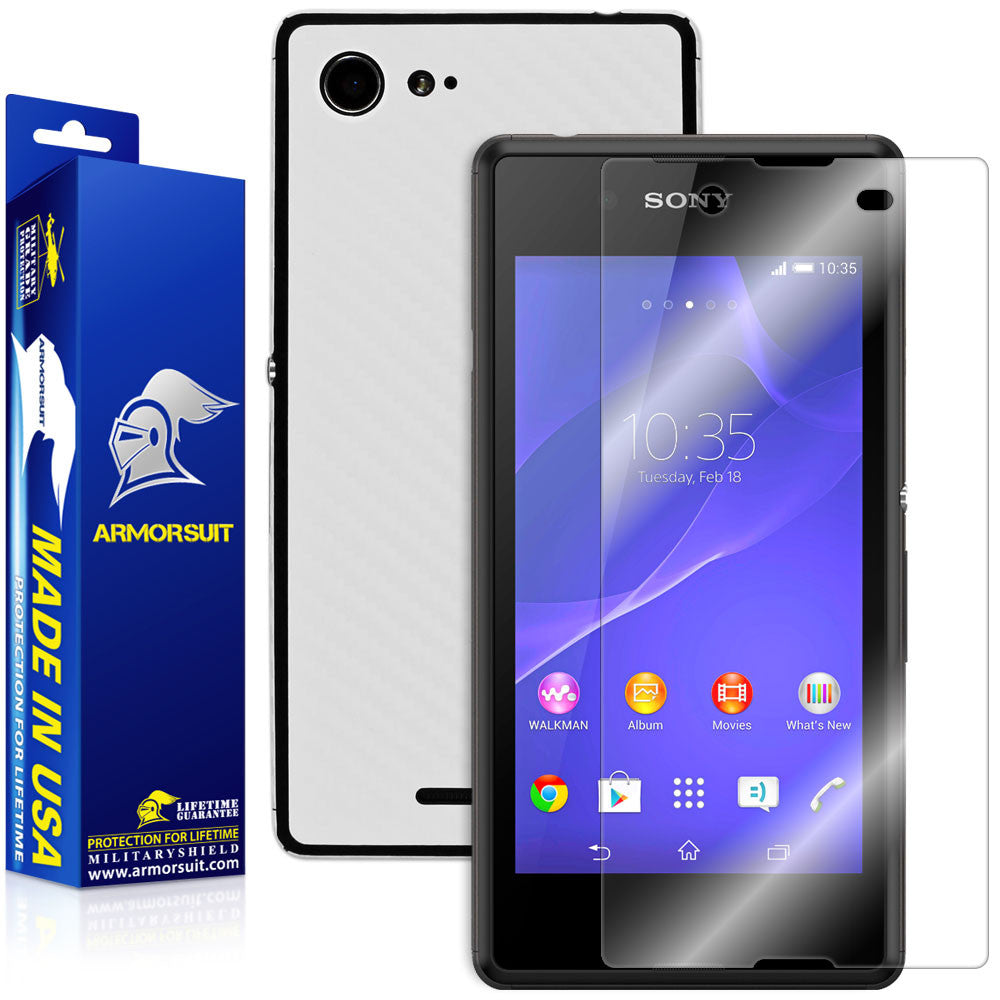 Sony Xperia E3 Screen Protector + White Carbon Fiber Skin