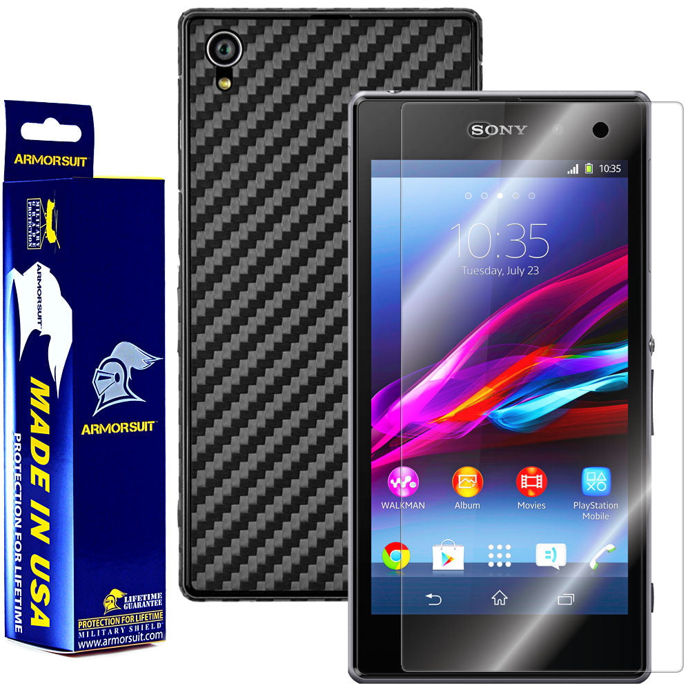 Sony Xperia Z1 Screen Protector + Black Carbon Fiber Skin Protector