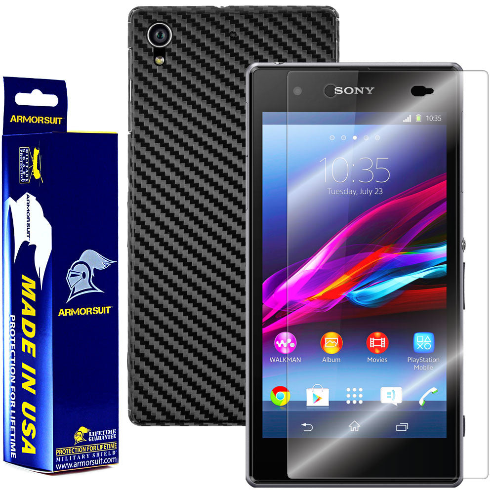 Sony Xperia Z1S Screen Protector + Black Carbon Fiber Film Protector