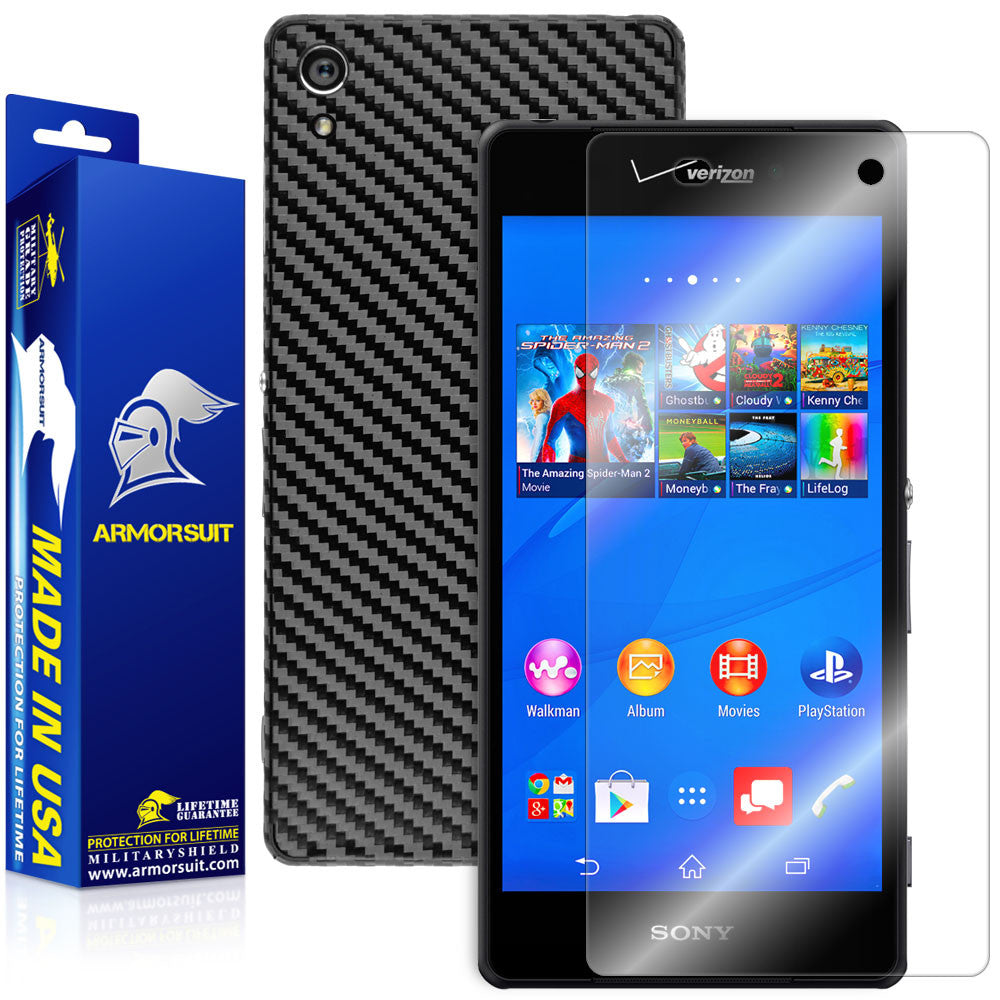 Sony Xperia Z3V Screen Protector + Black Carbon Fiber Skin