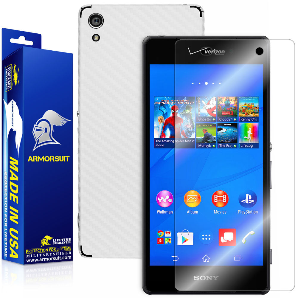 Sony Xperia Z3V Screen Protector + White Carbon Fiber Skin