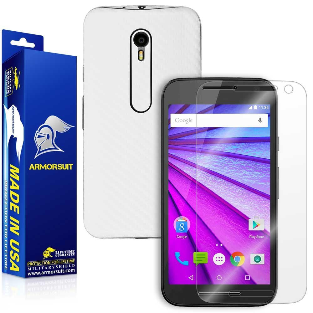 Motorola Moto G (3rd Generation 2015) Screen Protector + White Carbon Fiber Full Body Skin Protector