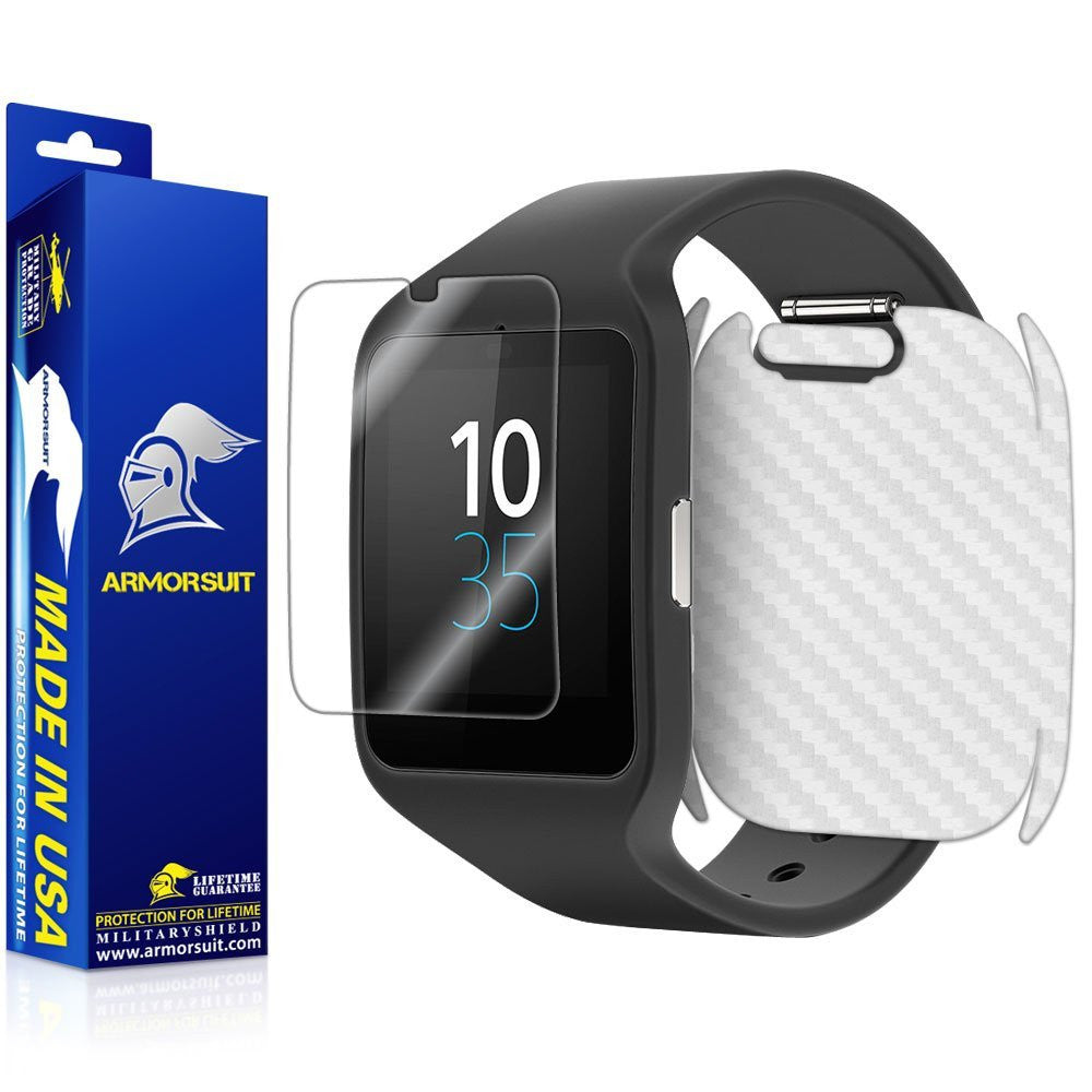 Sony SmartWatch 3 Screen Protector + White Carbon Fiber Skin