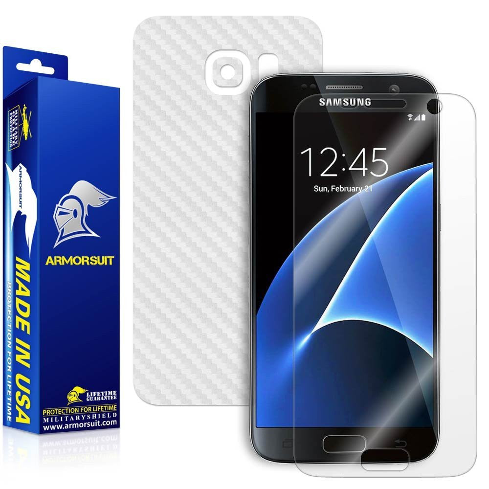 Samsung Galaxy S7 Plus Screen Protector [Full Screen Coverage] + White Carbon Fiber Skin